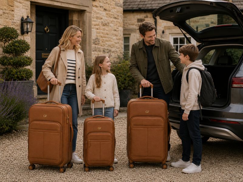 family-with-brown-vintage-luggage-outside-cottage