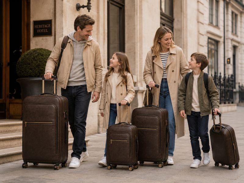 family-with-brown-vintage-luggage-set