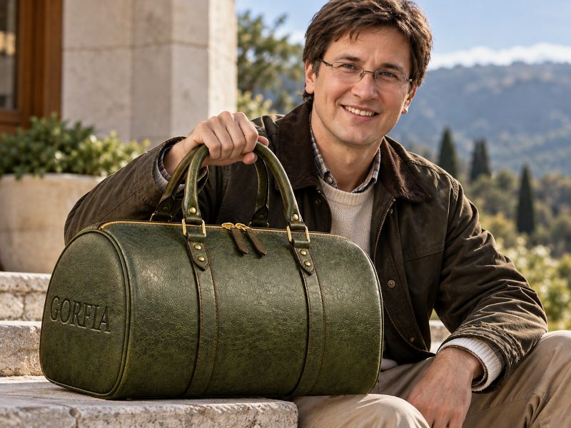 green-textured-leather-barrel-duffel-bag-outdoors