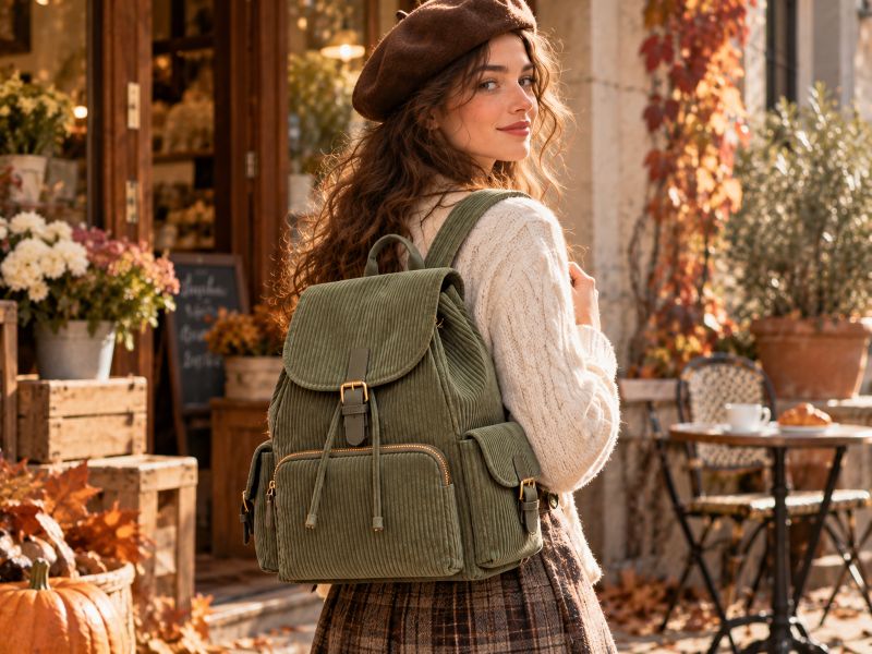 green‑corduroy‑drawstring‑flap‑backpack‑woman‑with‑beret‑autumn‑french‑street‑cafe‑outfit