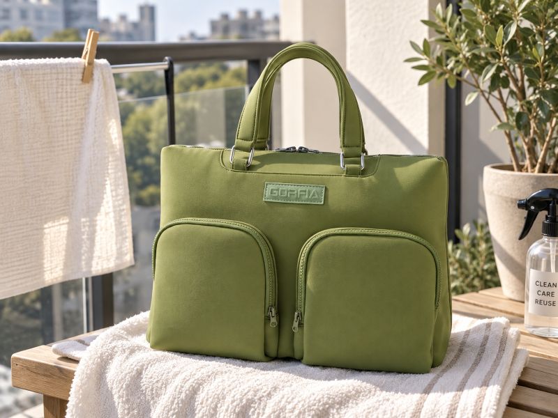 green‑handbag‑air‑drying‑on‑outdoor‑towel