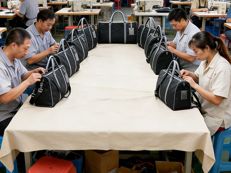 factory-workers-assembling-soft-sided-luggage-travel-bags-for-bulk-production