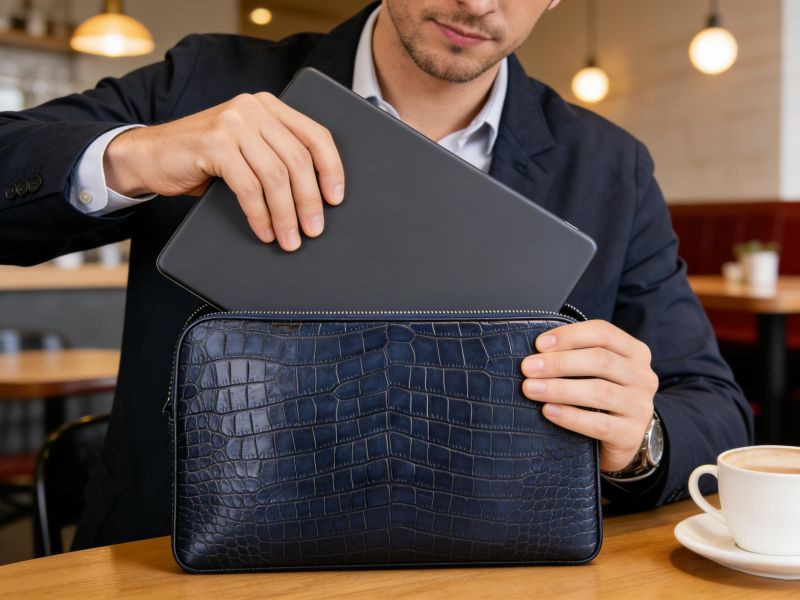 man-putting-laptop-into-dark-blue-crocodile-embossed-leather-laptop-bag-at-coffee-shop