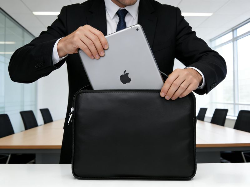 businessman-putting-apple-ipad-into-sleek-black-leather-laptop-bag-in-modern-office-conference-room