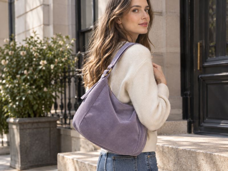 lavender‑corduroy‑hobo‑shoulder‑bag‑woman‑model‑casual‑city‑street‑outfit
