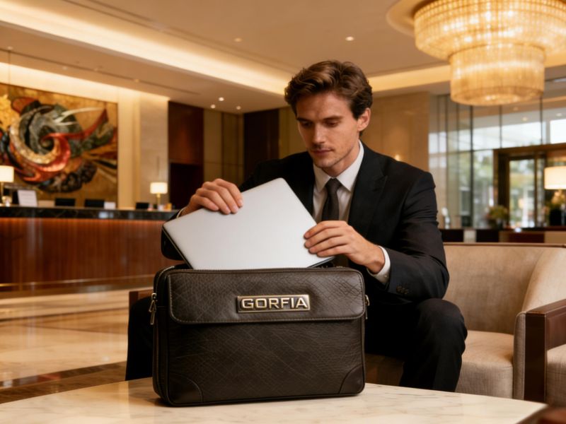 businessman-putting-laptop-into-black-leather-briefcase-with-GORFIA-logo-in-luxury-hotel-lobby
