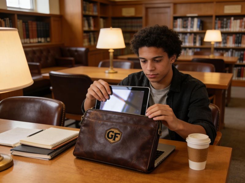 young-man-putting-tablet-into-brown-leather-laptop-bag-with-GF-logo-in-library