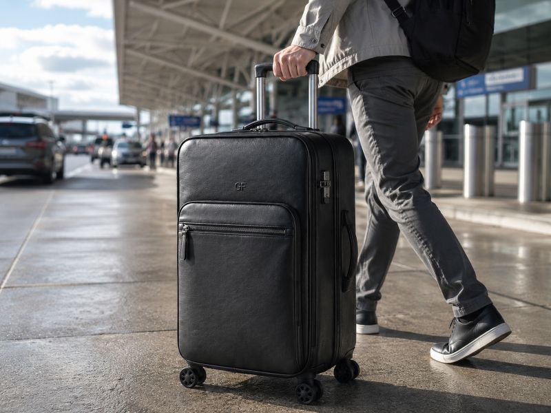 man-pulling-black-leather-suitcase-at-airport