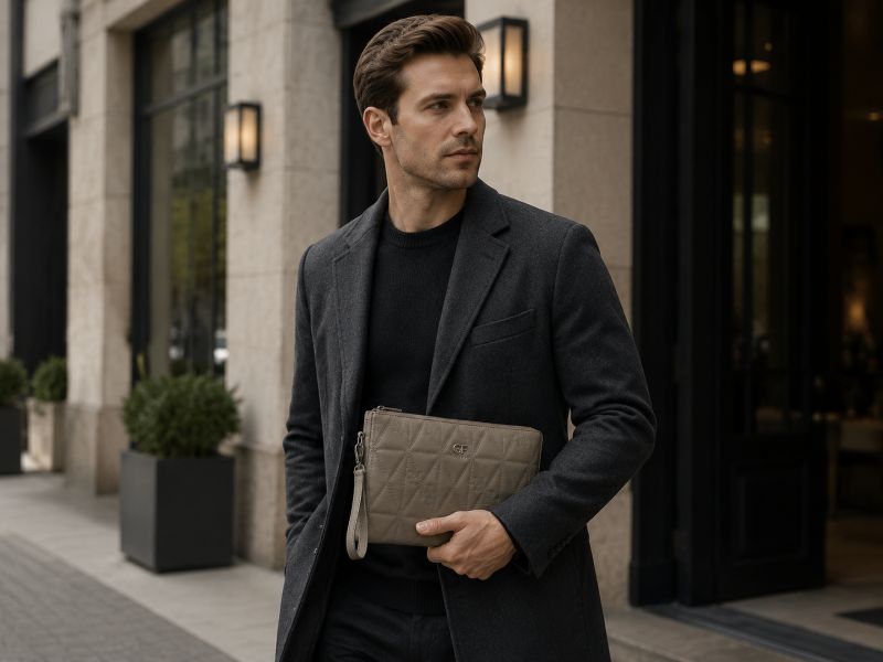 man‑holding‑taupe‑quilted‑mens‑clutch‑bag