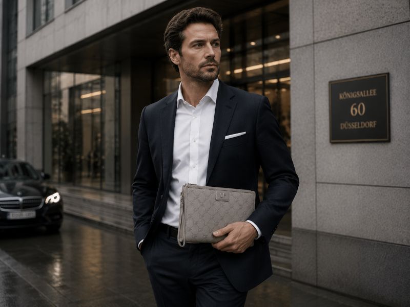 man‑suit‑grey‑monogram‑clutch‑business‑building
