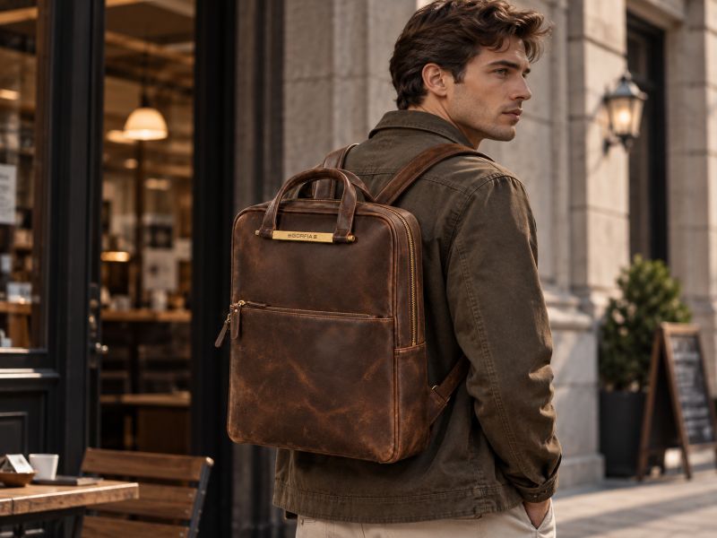 men's vintage distressed brown leather vertical laptop backpack street lifestyle