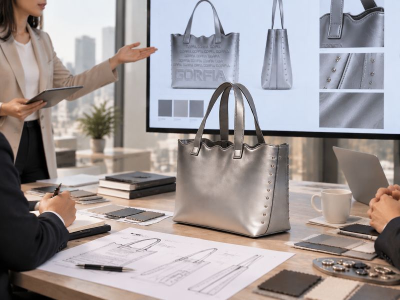 metallic-silver-tote-bag-client-design-presentation-meeting-scene
