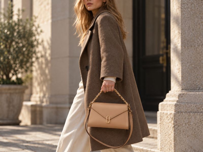 model‑holding‑tan‑smooth‑leather‑envelope‑chain‑handbag‑city‑outdoor