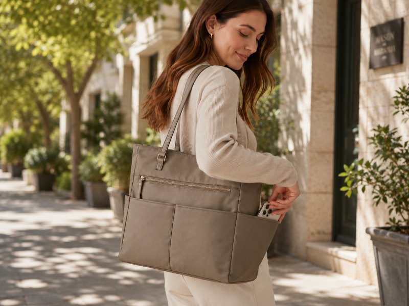 multiple-exterior-pocket-in-a-bag-carried-by-a-woman