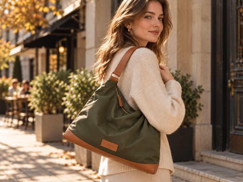 olive-green-nylon-hobo-tote-with-leather-trim-carried-by-a-woman