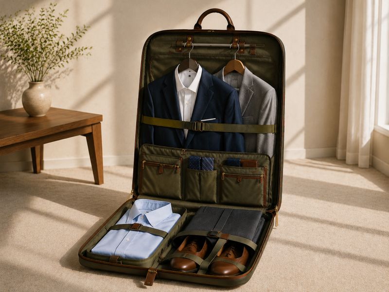 open-vintage-garment-bag-with-two-suits-and-dress-shoes
