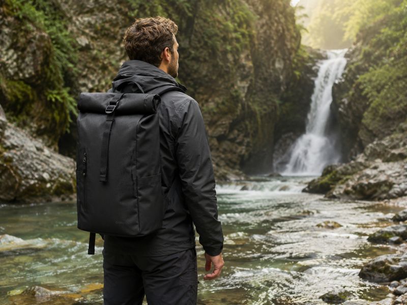 outdoor-adventure-man-in-black-wearing-a-waterproof-rolltop-backpack-while-standing-by-a-river-with-a-waterfall-in-the-background