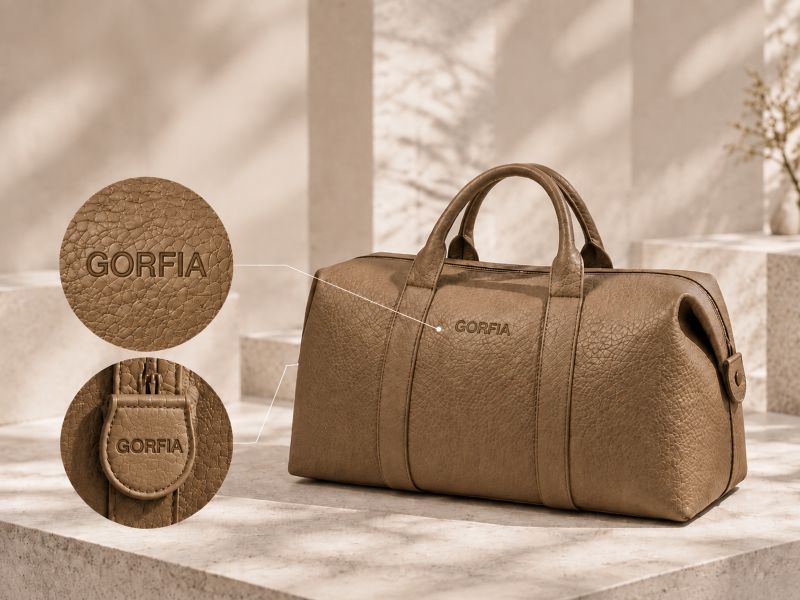 pebbled-pu-duffle-bag-with-debossed-custom-brand-logo