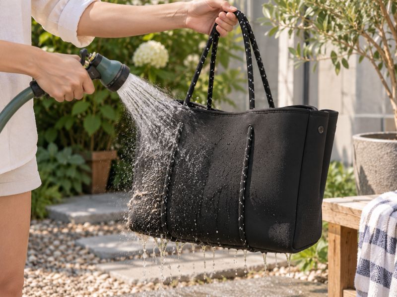 person‑rinsing‑black‑neoprene‑tote‑with‑garden‑hose