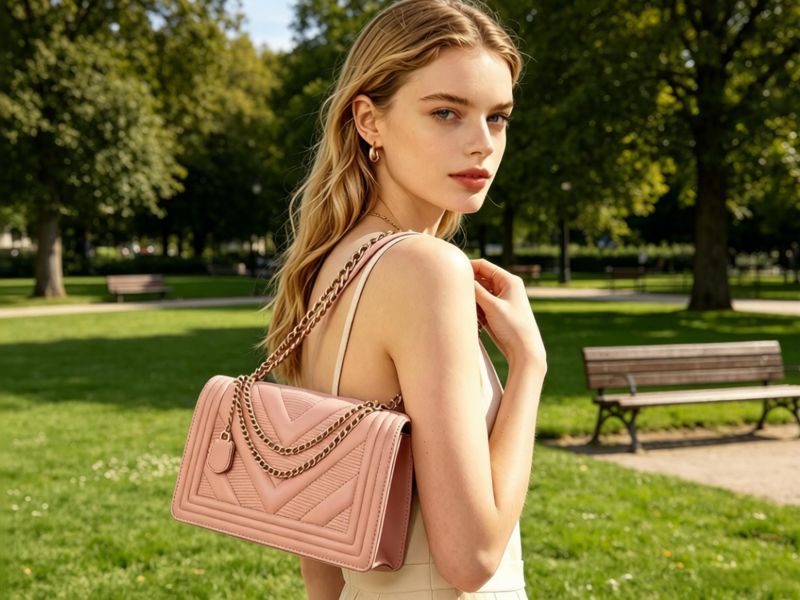 pink-chain-bag-with-charm-carried-bay-a-woman