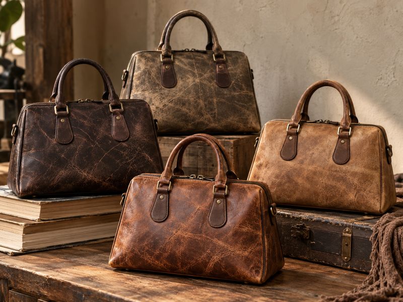 set of vintage distressed leather doctor satchel handbags in assorted brown tones