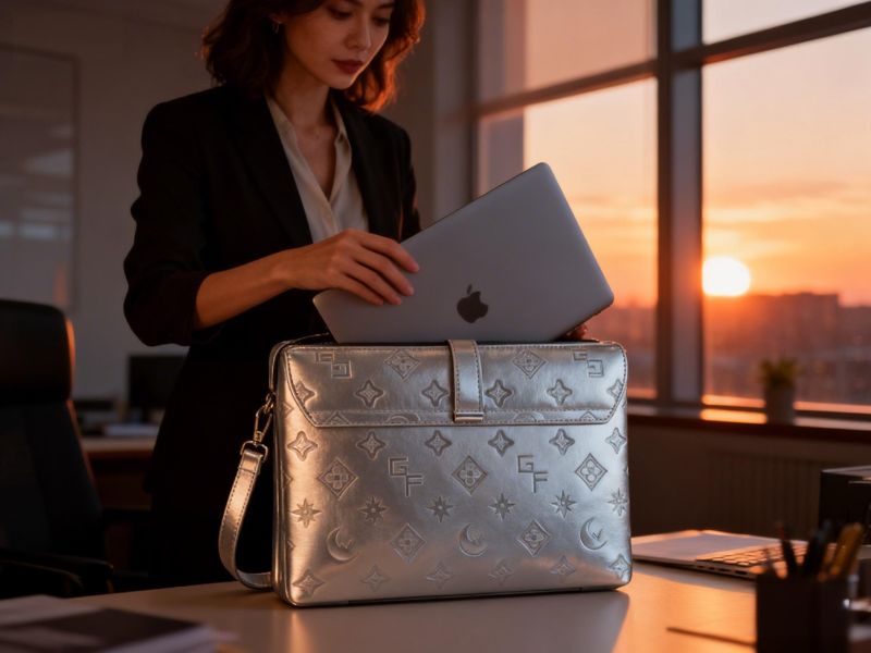 a-businesswoman-removing-apple-laptop-from-silver-embossed-leather-bag-in-office-at-sunset
