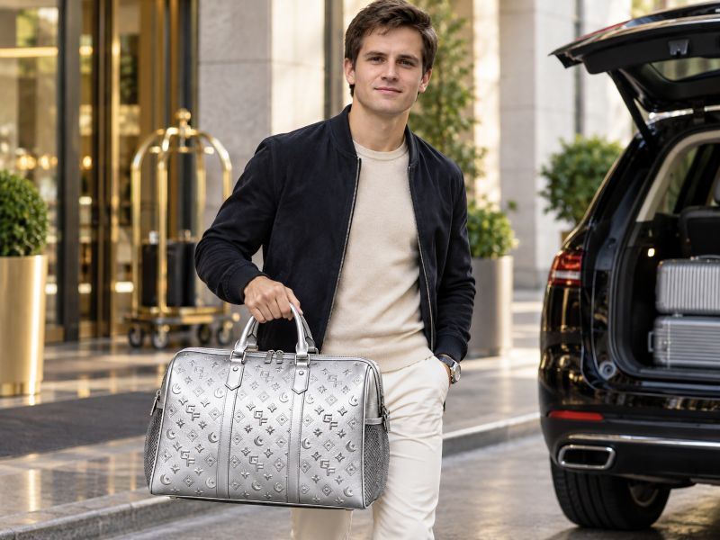 silver-monogram-embossed-leather-duffel-bag-man-outside-luxury-hotel