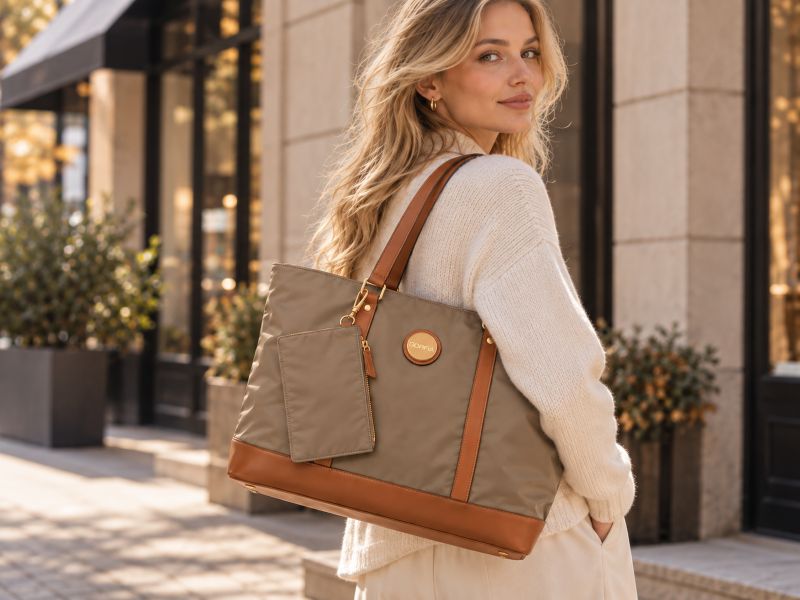 taupe-nylon-tote-bag-with-leather-trim-and-pouch