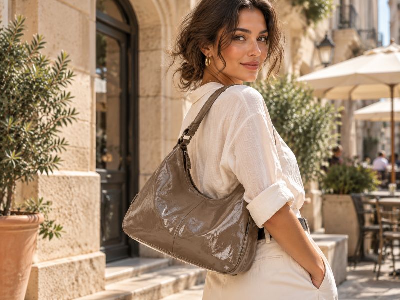 taupe-patent-leather-hobo-bag-model-shot