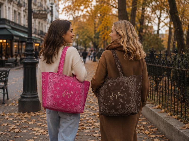 two-women-carrying-pink-and-brown-bandana-tote-bag-in-the-street-in-autumn