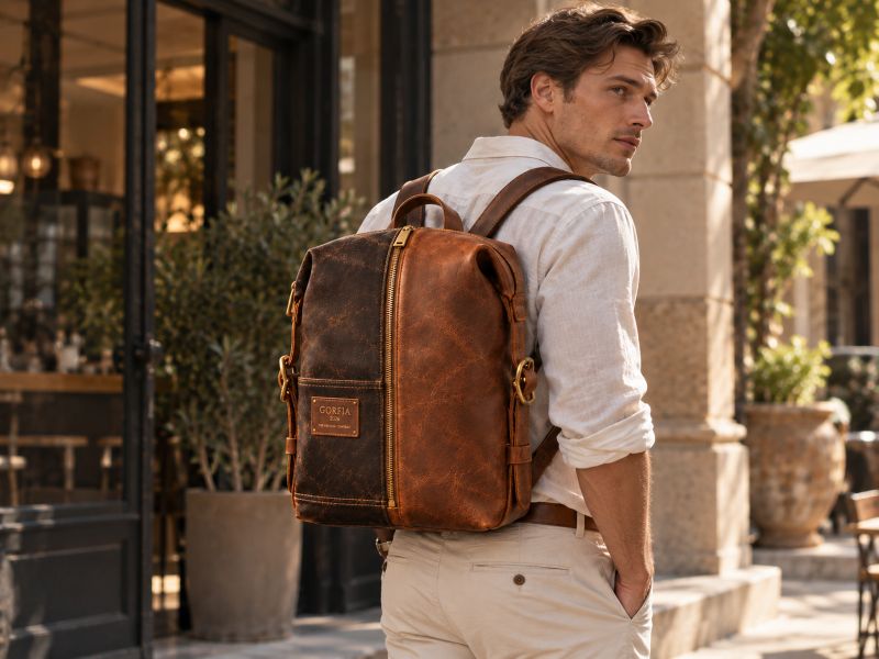 two‑tone distressed brown leather men's backpack lifestyle street shot with linen shirt