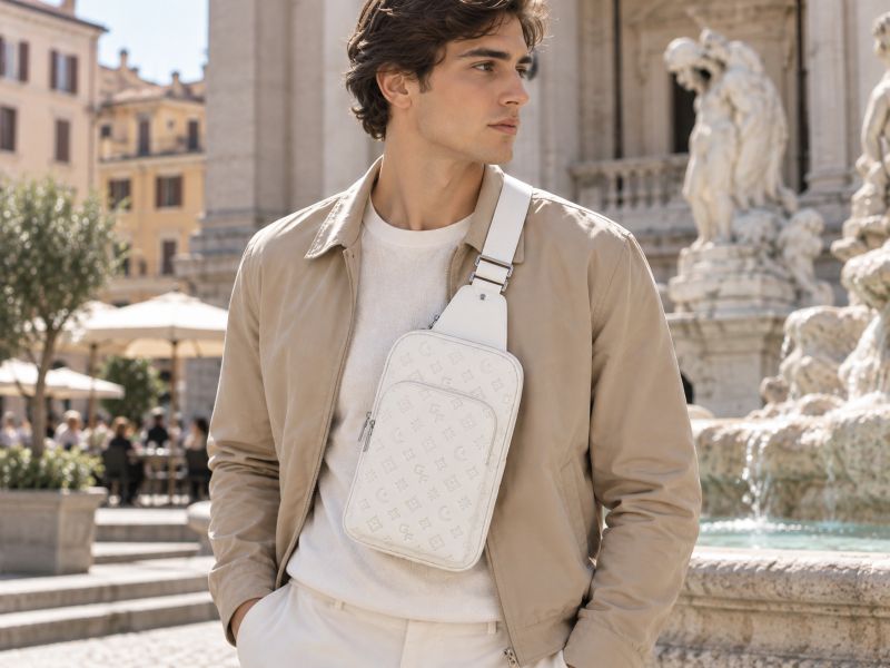 white‑embossed‑monogram‑mens‑sling‑crossbody‑bag‑male‑model‑european‑fountain‑background