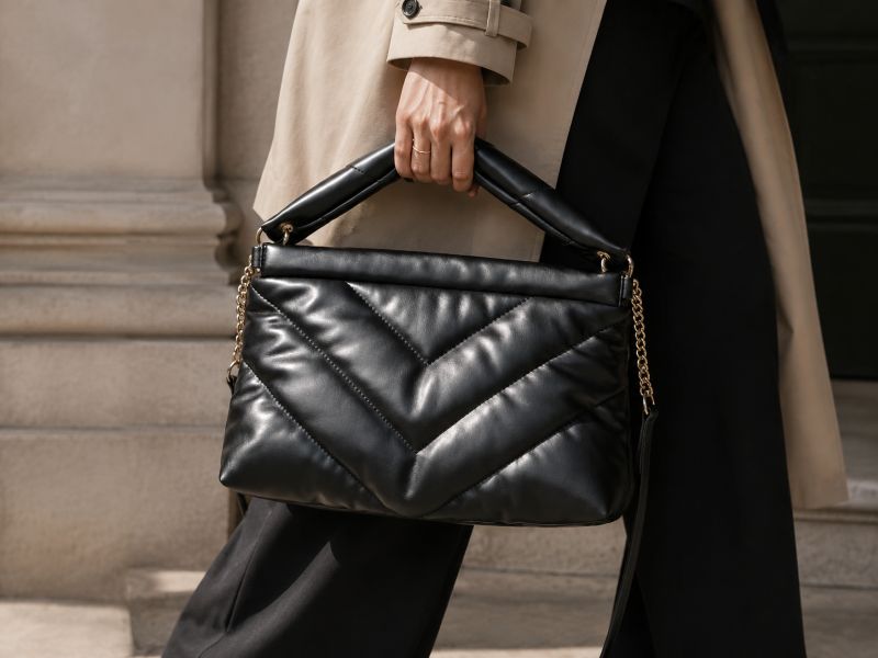 woman-holding-black-leather-puffer-bag