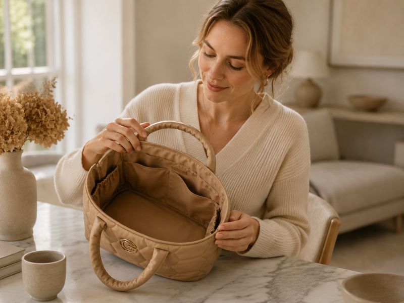 woman-showing-beige-puffer-tote-interior