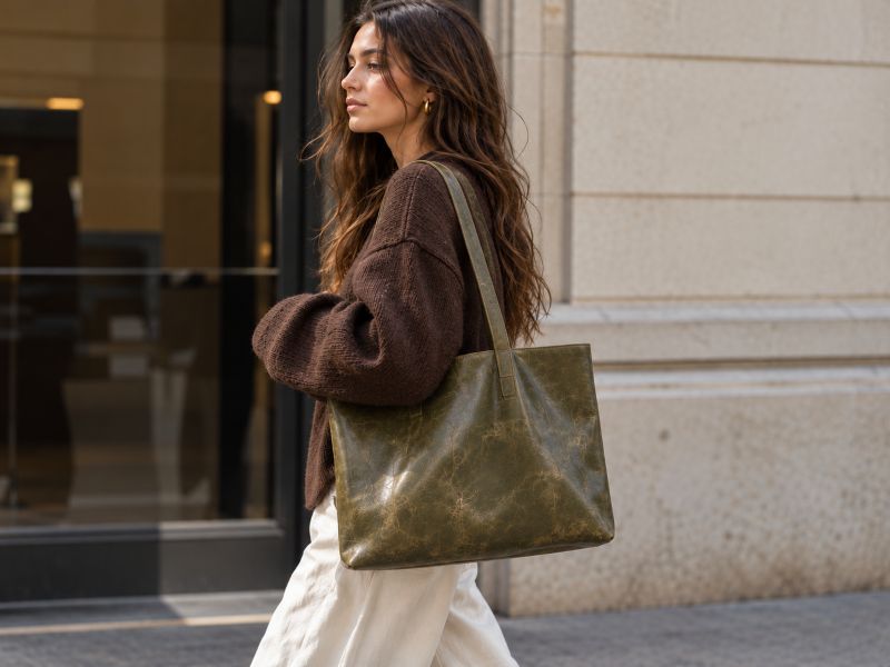 woman-walking-with-vintage-olive-green-cracked-leather-tote-bag-outdoor-street-style