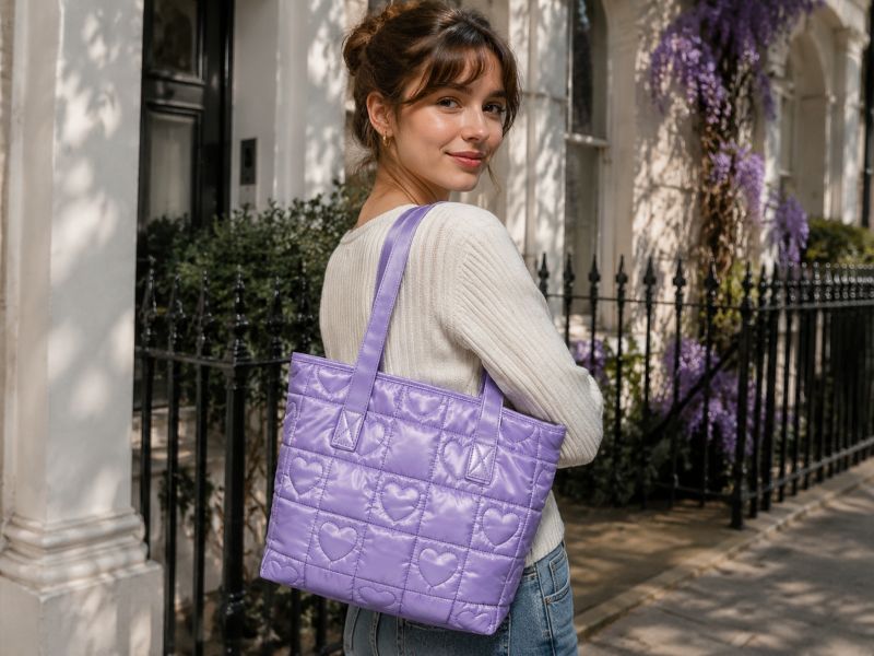 woman-with-lavender-heart-puffer-tote-bag