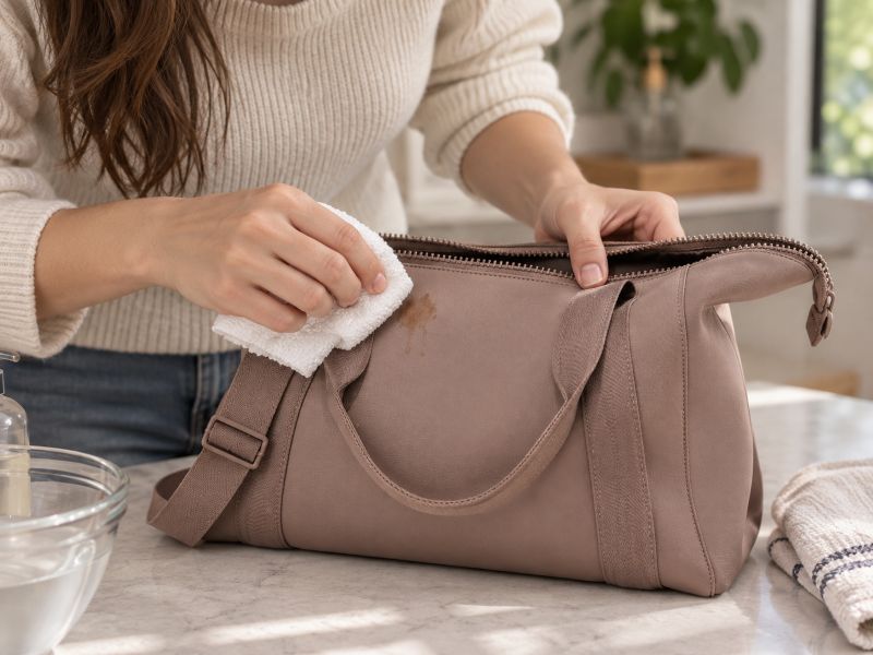 woman‑blotting‑stain‑on‑brown‑handbag‑with‑cloth