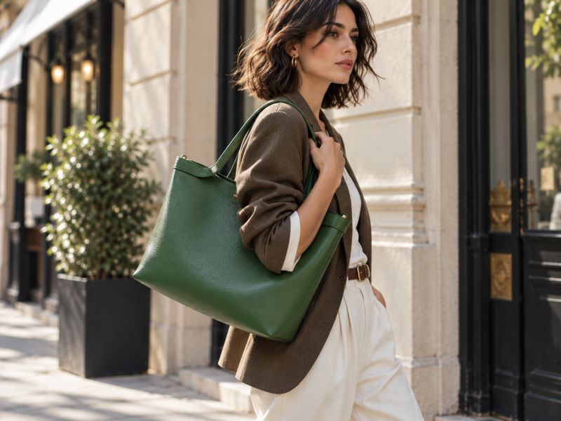 woman‑carrying‑deep‑green‑grain‑leather‑tote‑bag