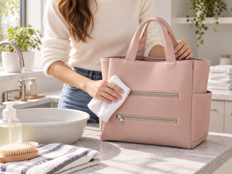woman‑cleaning‑pink‑tote‑bag‑with‑cloth