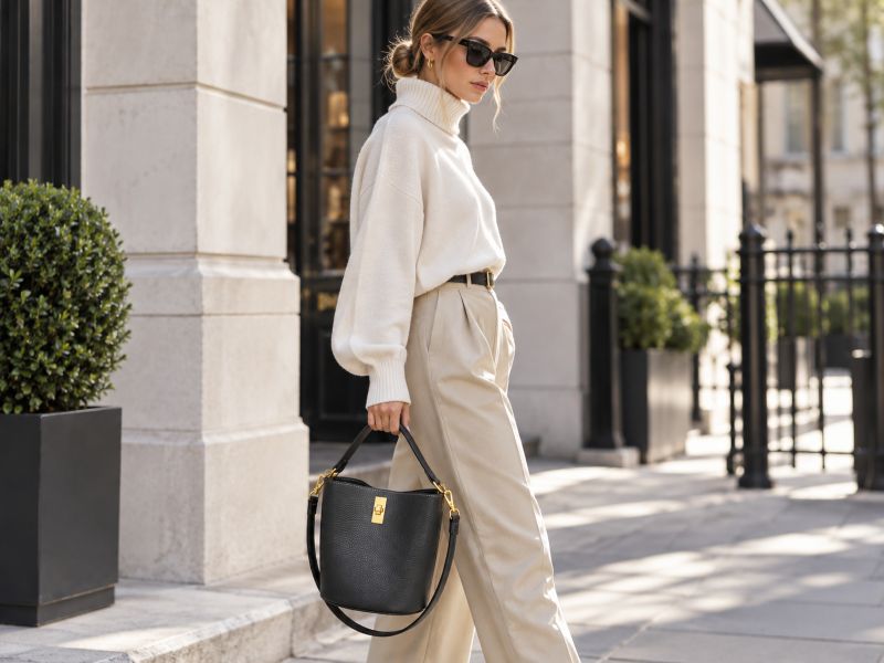 woman‑holding‑black‑pebbled‑leather‑bucket‑handbag