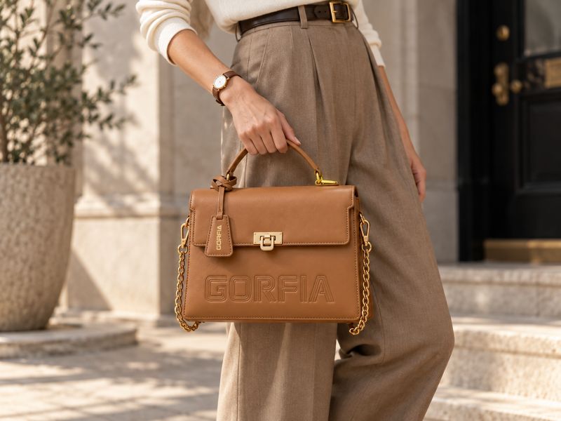 woman‑holding‑tan‑leather‑top‑handle‑crossbody‑bag‑embossed‑logo‑gold‑hardware‑outdoor‑scene