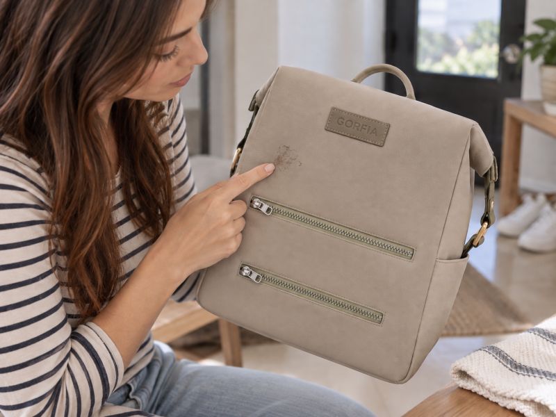 woman‑pointing‑at‑stain‑on‑beige‑backpack