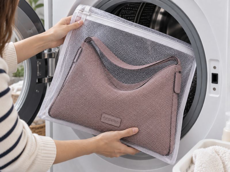 woman‑putting‑handbag‑into‑mesh‑laundry‑bag‑for‑washing