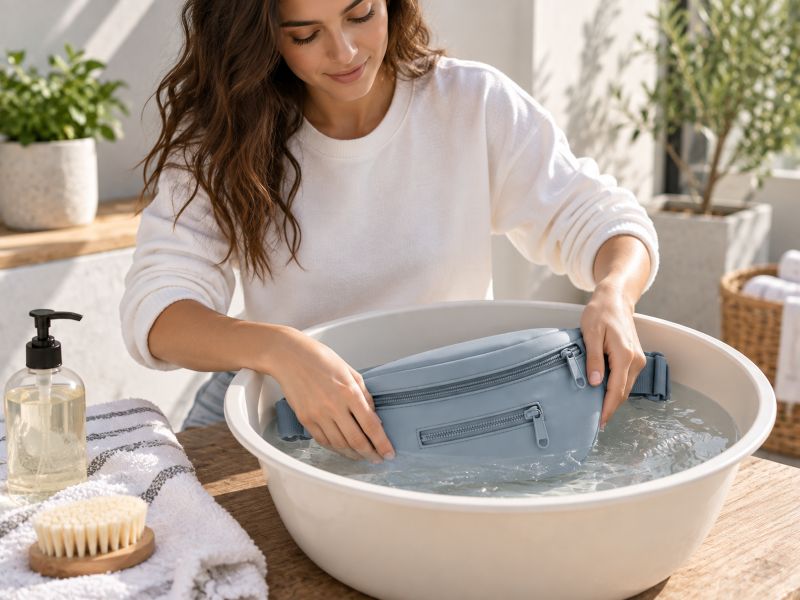woman‑washing‑light‑blue‑fanny‑pack‑in‑basin‑of‑water