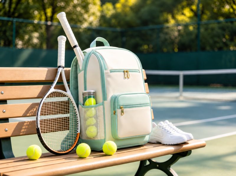 women's-tennis-bag-with-rackets-and-balls-on-bench