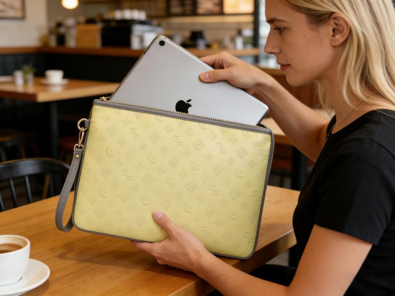 woman-putting-apple-ipad-into-yellow-embossed-leather-laptop-bag-at-coffee-shop