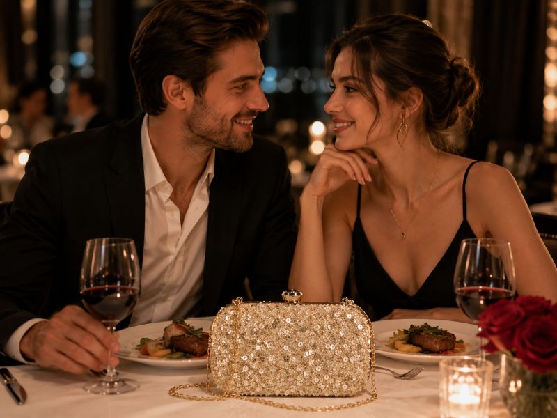 yellow-sequin-bag-on-the-table-while-a-couple-is-having-dinner