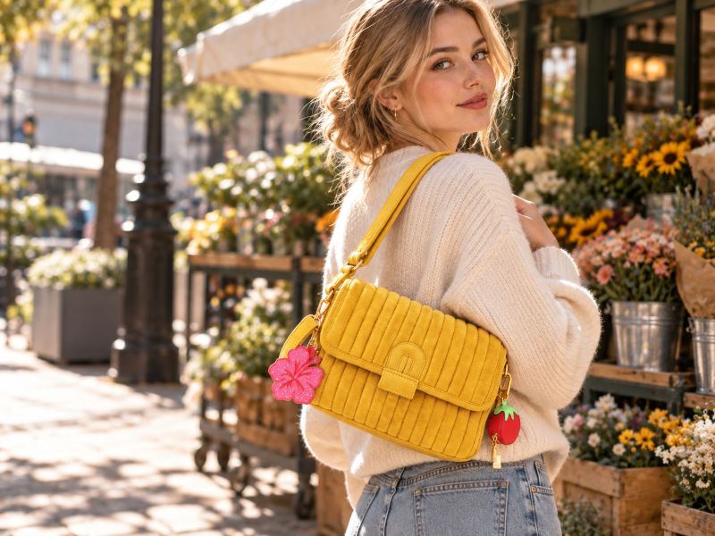 yellow‑corduroy‑flap‑shoulder‑bag‑with‑charm‑woman‑model‑outdoor‑flower‑market‑outfit