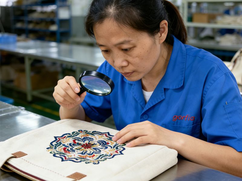 Worker-inspecting-canvas-tote-bag-embroidery-key-bag-embroidery-materials-for-commercial-bag-embroidery-projects