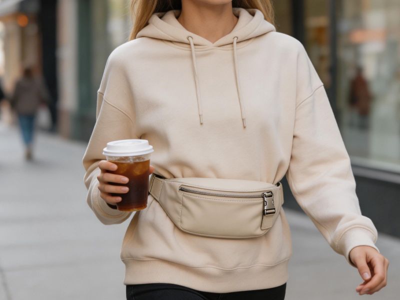 woman-in-beige-hoodie-wearing-matching-beige-belt-bag-while-holding-iced-coffee-on-city-sidewalk